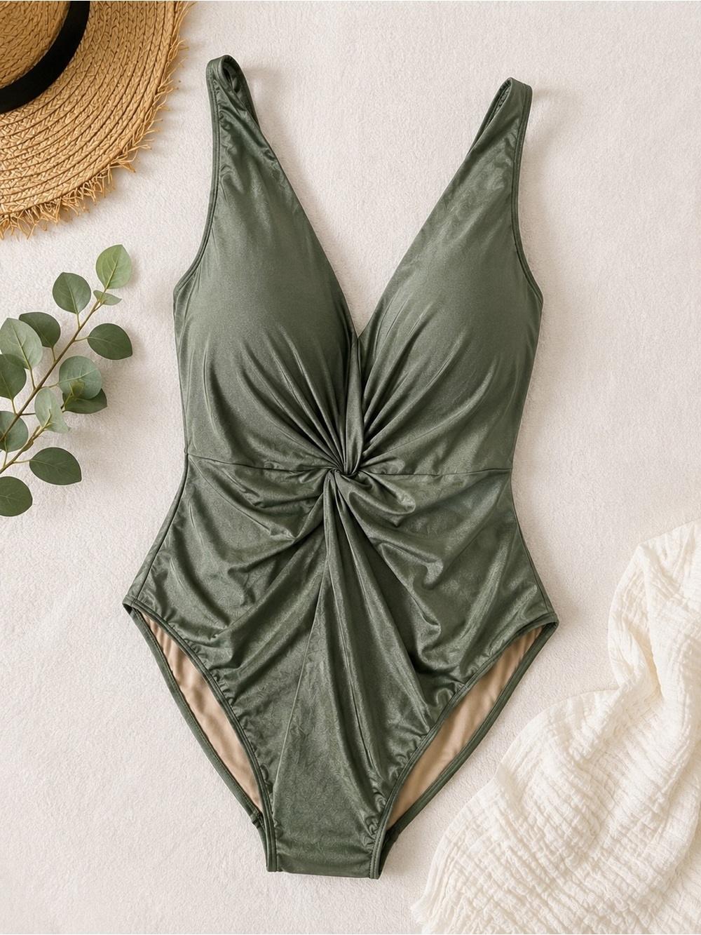 Cacique size 28 Olive Green Twist-Front One-Piece Swimsuit